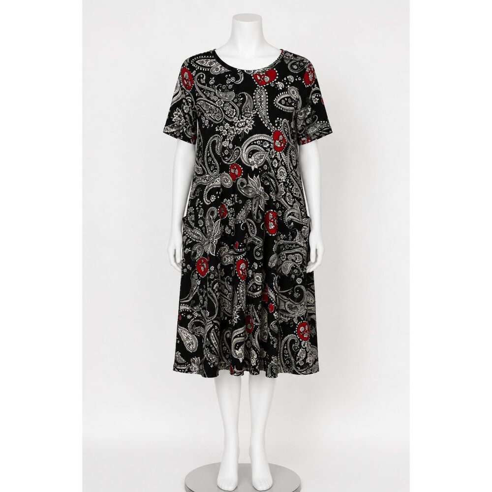 LuLaRoe Jessie Dress Womens Large Black Paisley Red Hearts Short Sleeve NWT